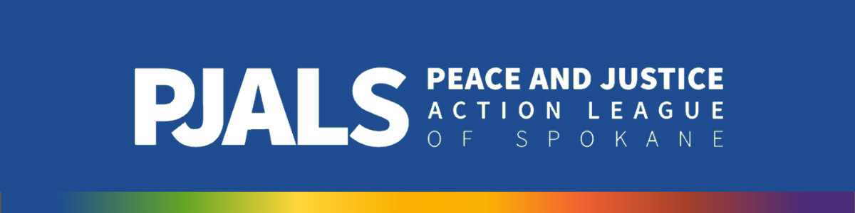 PJALS Peace & Justice Action League of Spokane logo on royal blue background with rainbow border across the bottom