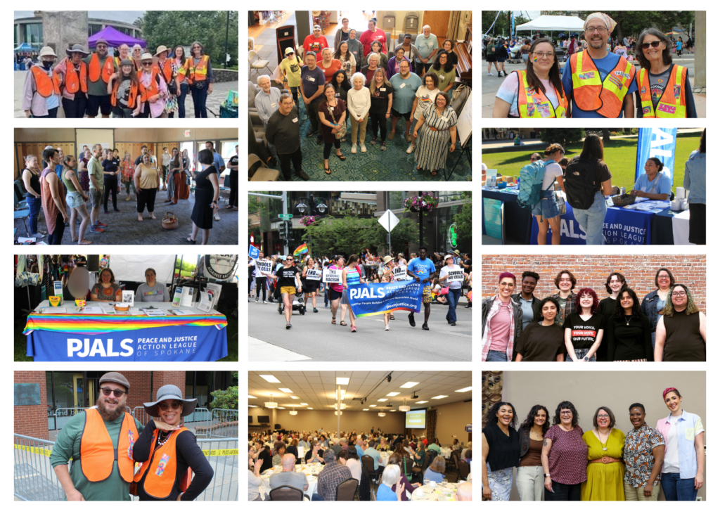 Collage of 11 photos highlighting different events throughout the year for PJALS including photos of groups of peacekeepers, a peacekeeper training group, marching in the Pride parade, Spring YALP graduation, tabling, the spring benefit, the somatics workshop, and a staff photo