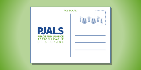Gradient bright green backround with white postcard in the middle of the screen. On the left is a PJALS stacked blue and green logo, separated by a vertical line from 3 writing lines. A place for a stamp is in the top right corner. The word "postcard" is on the top of the card.