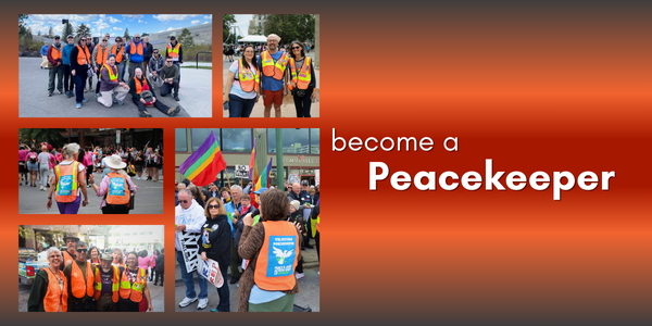 Collage of 5 photos - all include people in bright orange vests who are present at community events outside. A bright orange gradient goes across the middle of the screen and white text reads, "become a Peacekeeper"