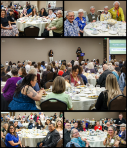 collage of 5 photos of a room of 80+ people sitting at round tables with white tablecloths in a banquet setting.